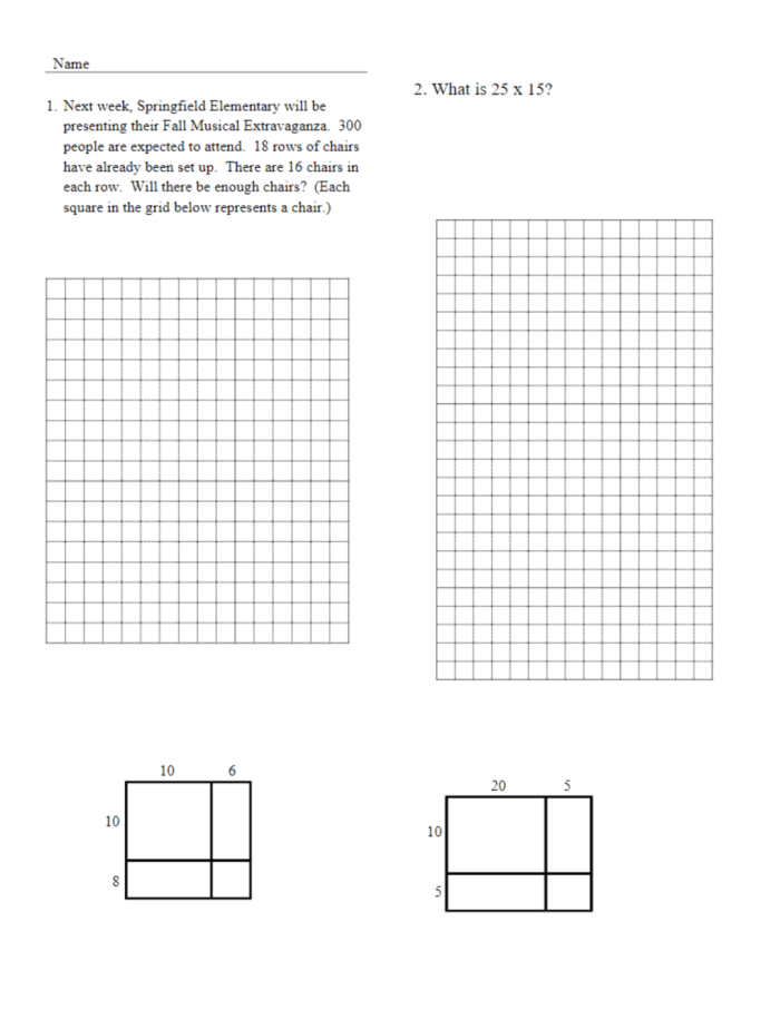 Fifth grade worksheet showing how to multiply mixed numbers using the area model method