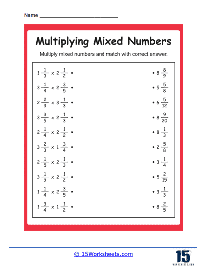 Fifth grade math worksheet demonstrating the area model for multiplying mixed numbers with step-by-step guidance