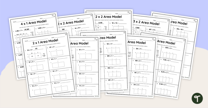 Fifth grade worksheet showing how to multiply mixed numbers using the area model