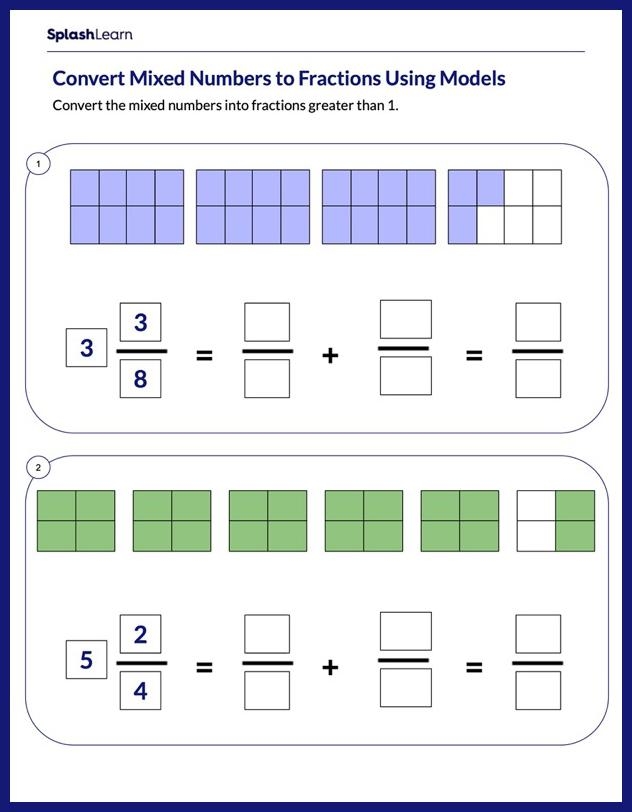 Fifth grade math worksheet showing how to multiply mixed numbers using the area model