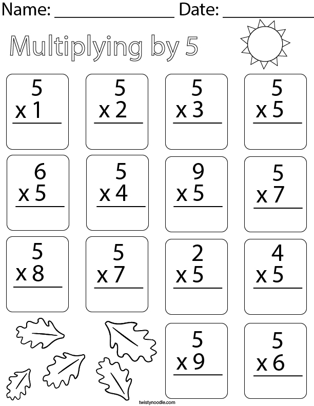 Practice worksheet for learning multiplication strategies with 5 for grade 3 students Third grade multiplication worksheet focused on multiplying by 5
