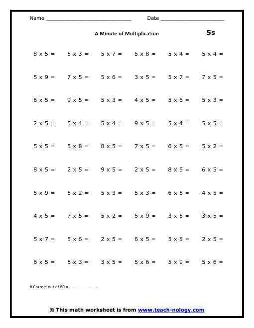 Multiplication worksheet for practicing 5 times tables, image 14 Third grade times tables practice sheet focusing on multiplying by 5