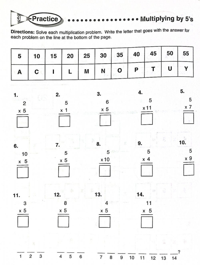 Practice worksheet for mastering multiplication by five in third grade math Third grade multiplication worksheet focusing on multiplying by 5