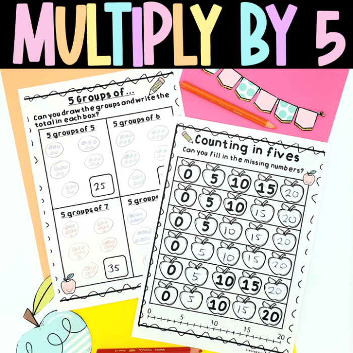 Practice worksheet for multiplying by five exercises in third grade math class Third grade multiplication worksheet focusing on multiplying by 5 strategies