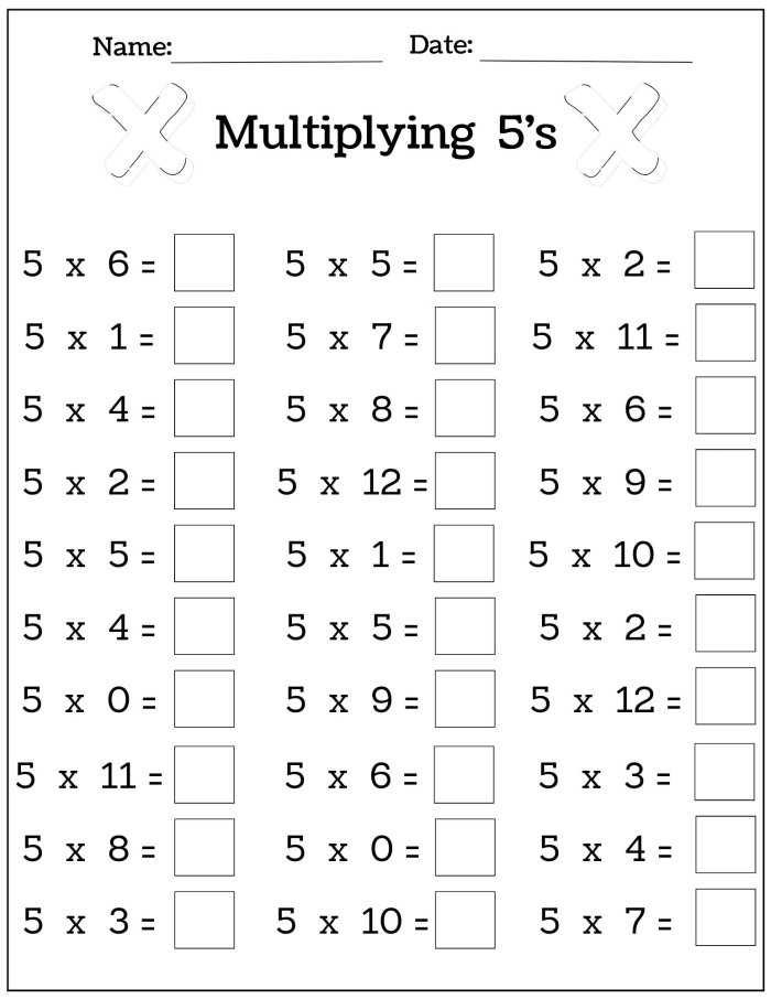 Multiplication worksheet for practicing 5 times tables, image 3 Third grade times tables practice sheet focused on multiplying by 5