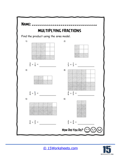 Fifth grade math worksheet showing an area model for multiplying mixed numbers