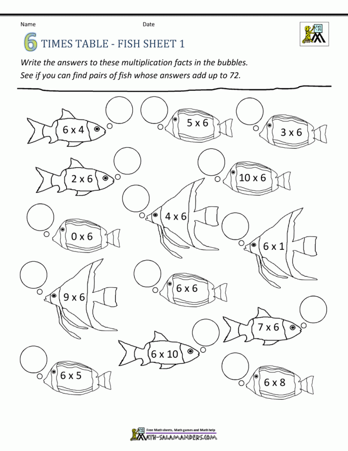 Third grade math worksheet focused on multiplying by six