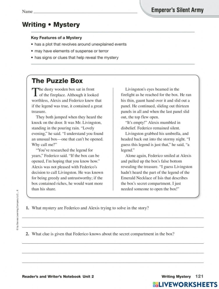 Complete the Mystery Reading Comprehension Worksheet for Grade 4 Fourth grade students reading a mystery story and writing a conclusion based on text clues