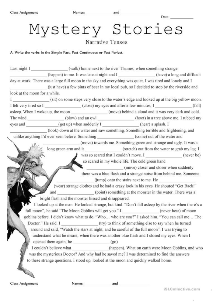 Complete the Mystery Reading Comprehension Activity for Grade 4 Fourth grade students reading a mystery story worksheet with spaces to write their own ending based on story clues