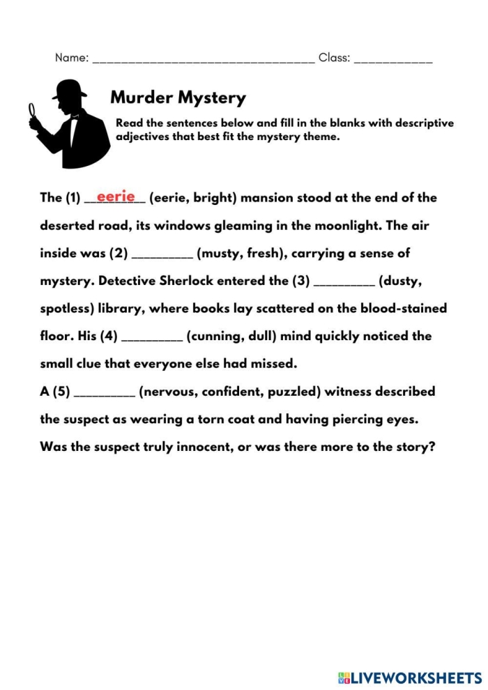 Complete the Mystery Reading Activity for Fourth Grade Students Fourth grade reading comprehension worksheet showing a mystery story with blank lines for students to write their own ending based on story clues