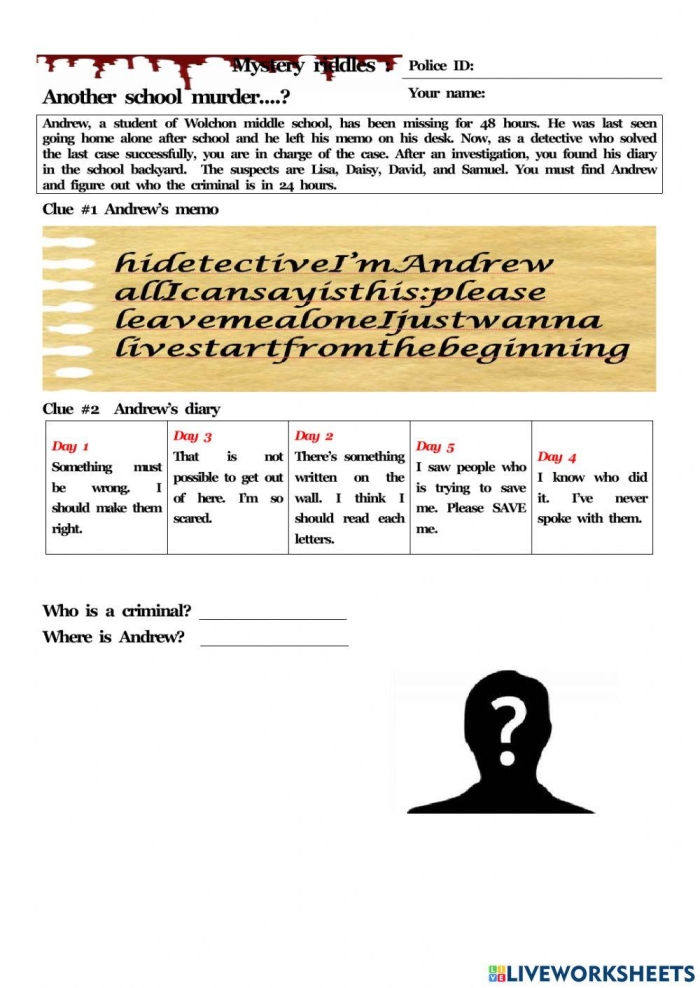Complete the Mystery Reading Comprehension Activity for Grade 4 Worksheet 20 Fourth grade student completing a mystery story worksheet by reading clues and writing their own ending conclusion