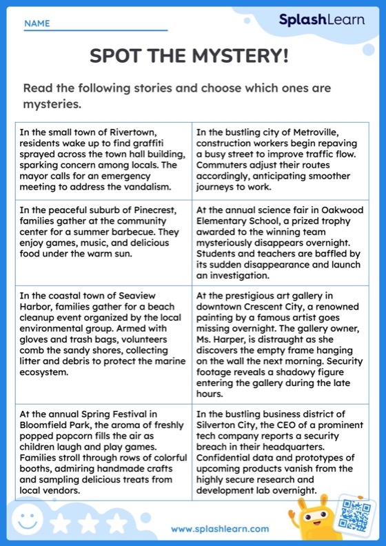 Complete the Mystery Reading Activity for Fourth Grade Students Fourth grade reading comprehension worksheet showing a mystery story with space for students to write their own ending based on story clues