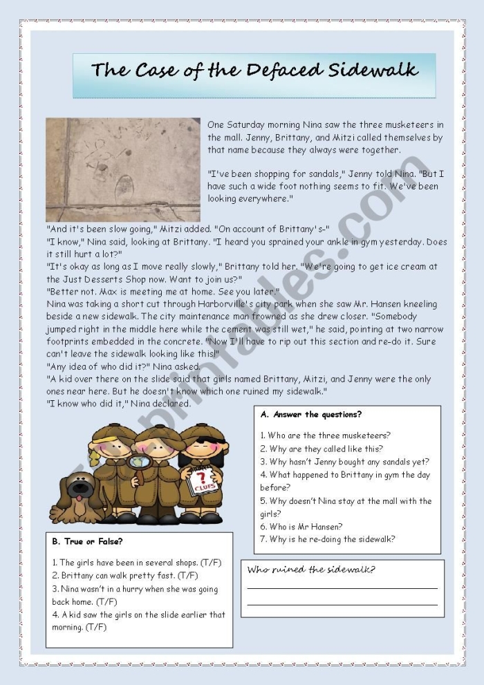 Complete the Mystery Reading Comprehension Activity for Grade 4 Fourth grade students reading a mystery story worksheet with space to write their own conclusion based on story clues
