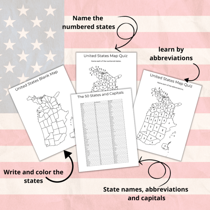 Third grade geography worksheet showing a blank U.S. map with numbered states for students to identify and match state names like New York, Illinois, and South Carolina