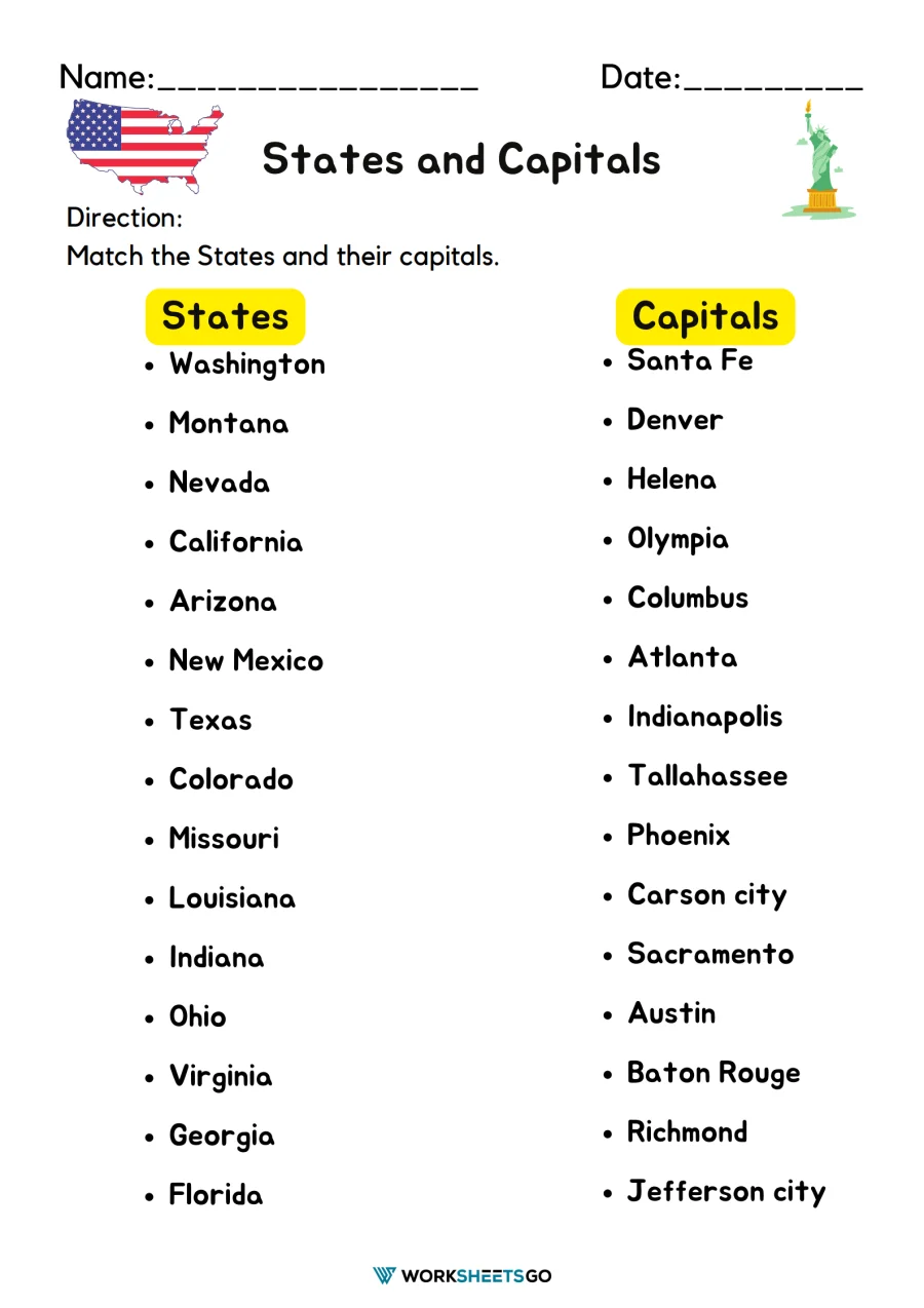 Third grade geography worksheet showing a blank United States map with state outlines where students match state names like New York Illinois and South Carolina to their locations