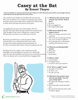 Worksheet questions designed to enhance understanding of Casey at the Bat Image featuring a reading comprehension worksheet for "Casey at the Bat
