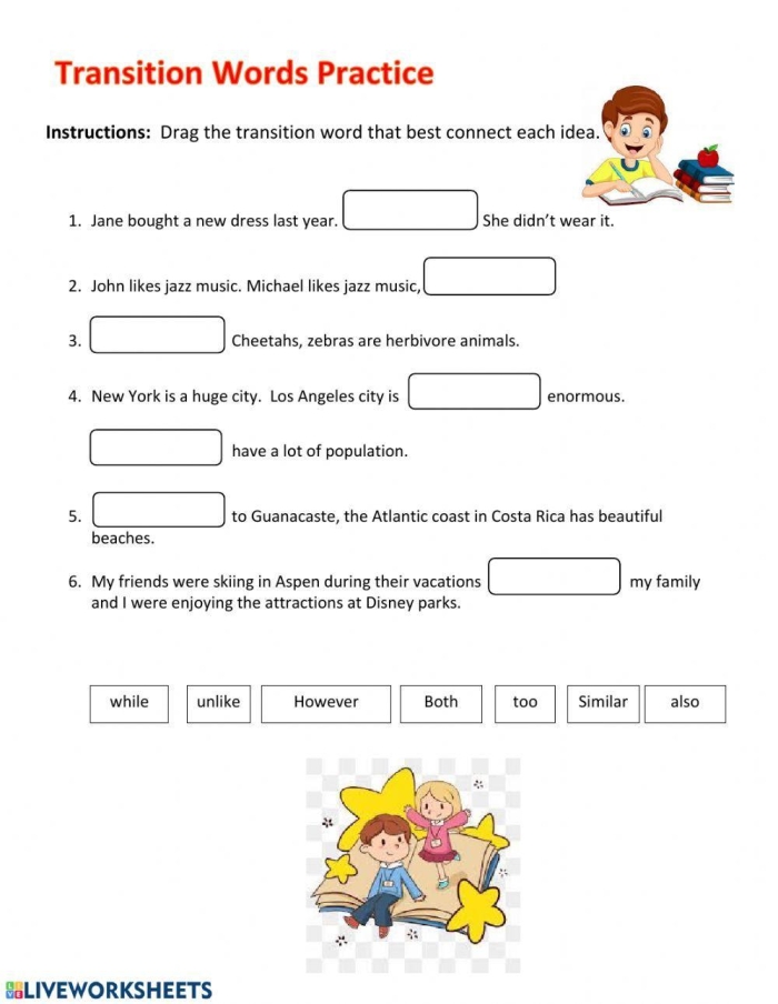 Worksheet featuring transition words for the ugly duckling story aimed at second graders