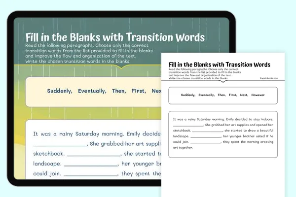 Worksheet featuring transition words for the ugly duckling story aimed at second graders