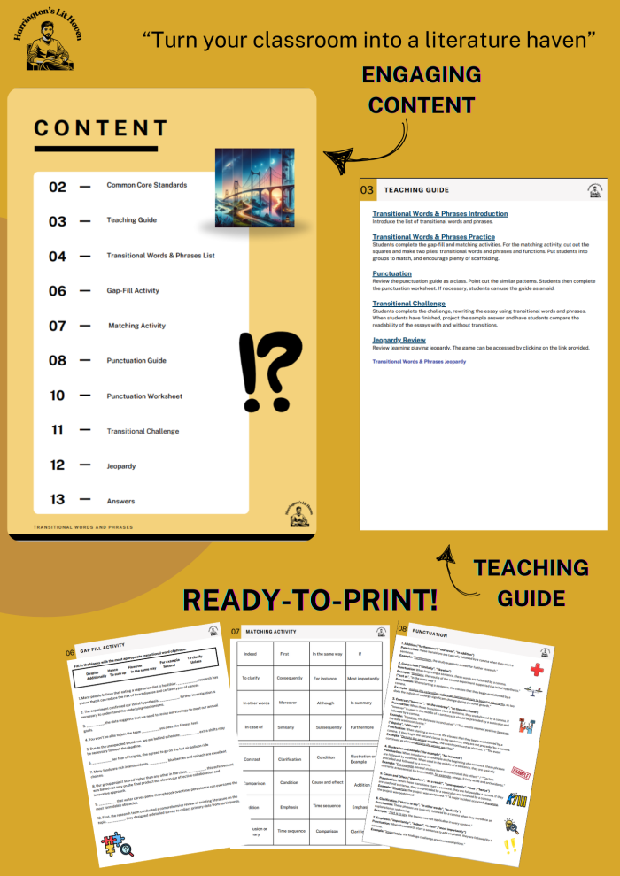 Worksheet featuring transition words and phrases for the ugly duckling story
