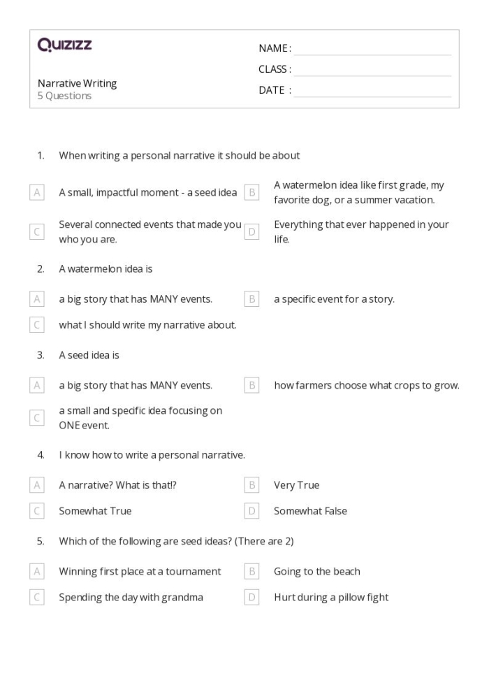 Seventh grade narrative writing rubric worksheet for evaluating student stories