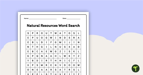 Natural Resources Word Search activity for second graders to enhance addition skills Second Grade Natural Resources Word Search worksheet with vocabulary clues
