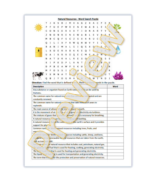Natural Resources Word Search activity for second graders focusing on addition and vocabulary skills Second Grade worksheet featuring a natural resources word search and definitions for vocabulary practice