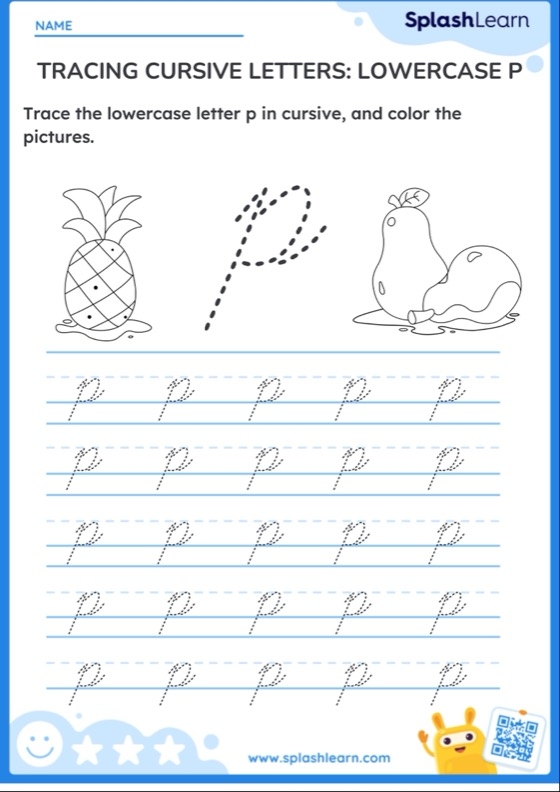 Third grade life science cursive P worksheet with practice exercises for neat handwriting