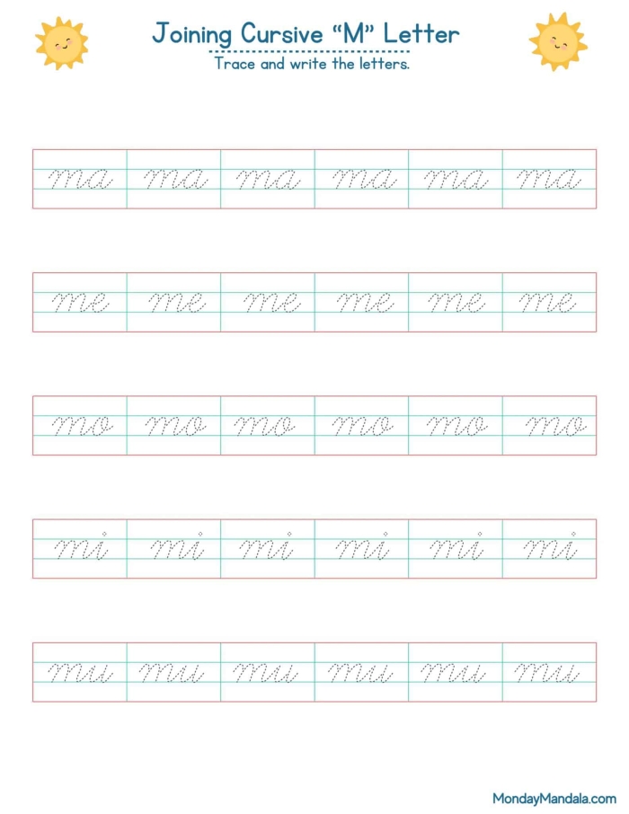 Third grade cursive M worksheet for practicing neat handwriting