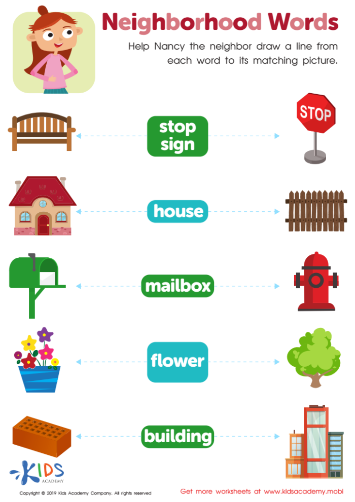Interactive phonics worksheet for practicing parts of speech in a fun way Second-grade student working on a Neighborhood Nouns worksheet to learn common nouns