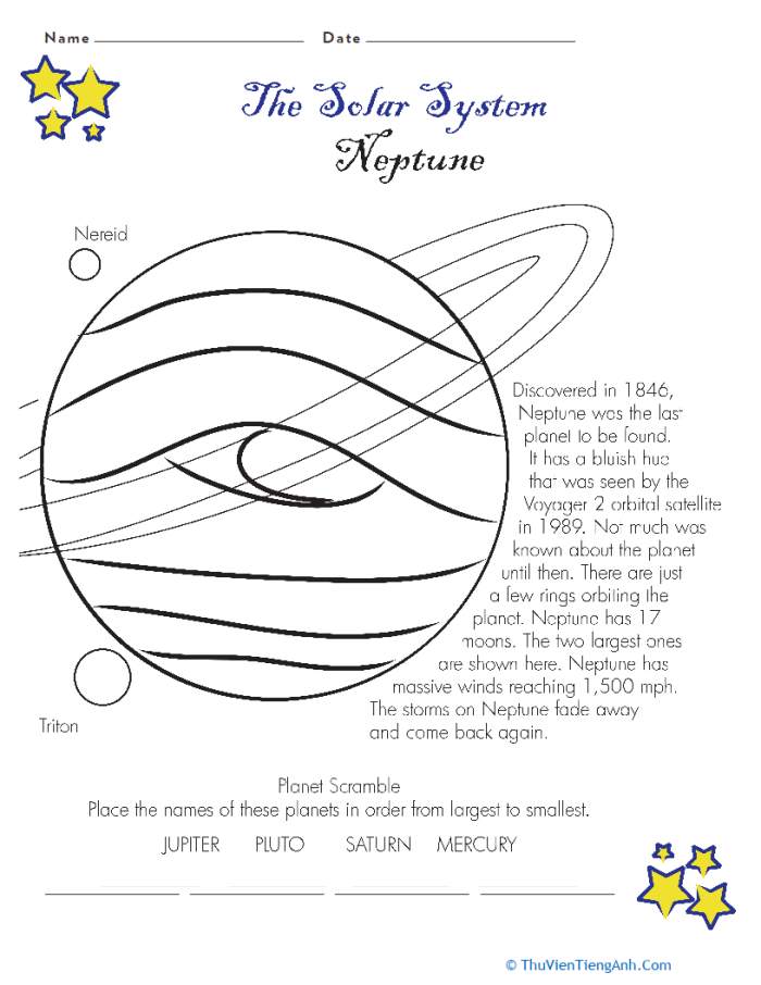 Third grade handwriting worksheet featuring fun facts about Neptune