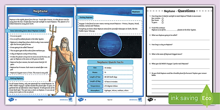 Third-grade handwriting worksheet featuring fun facts about Neptune