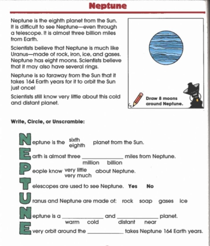 Third Grade handwriting worksheet featuring fun facts about Neptune in the solar system