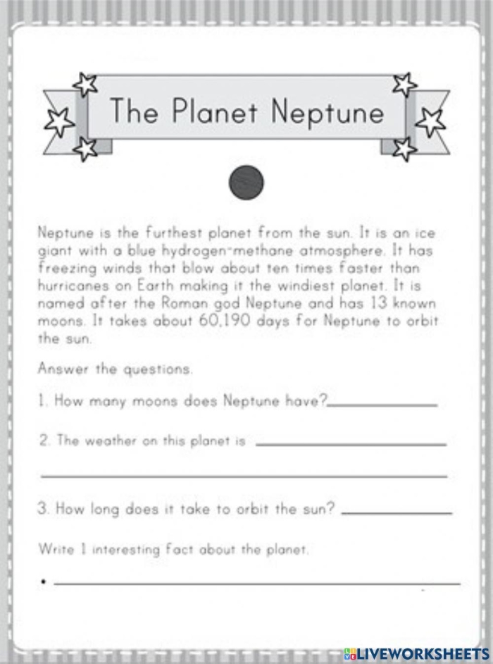 Third grade handwriting worksheet featuring fun facts about Neptune and its place in the solar system