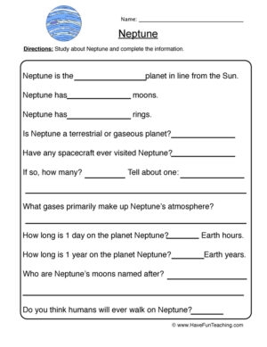 Third grade student completing a Neptune facts handwriting worksheet