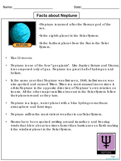 Third-grade handwriting worksheet featuring fun facts about Neptune