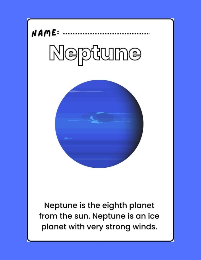 Third-grade handwriting worksheet featuring fun facts about Neptune and the solar system