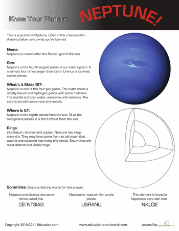 Third grade student completing a Facts About Neptune handwriting worksheet