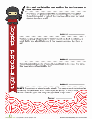 Challenging Word Problems with Ninjas for second graders to build math skills Second Grade ninja-themed worksheet focusing on double-digit addition and subtraction word problems