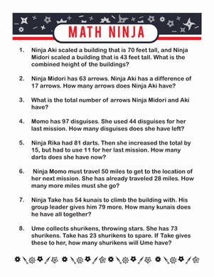 Ninja math challenges for second graders in worksheet number 19 Second Grade worksheet featuring ninja-themed word problems on addition and subtraction