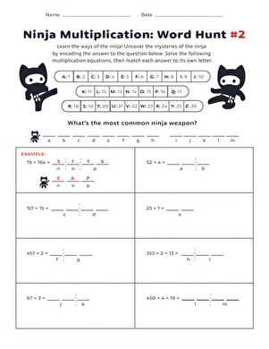 Challenging ninja math worksheet for second graders on addition and subtraction problems Second grade ninja-themed worksheet featuring word problems on double-digit addition and subtraction