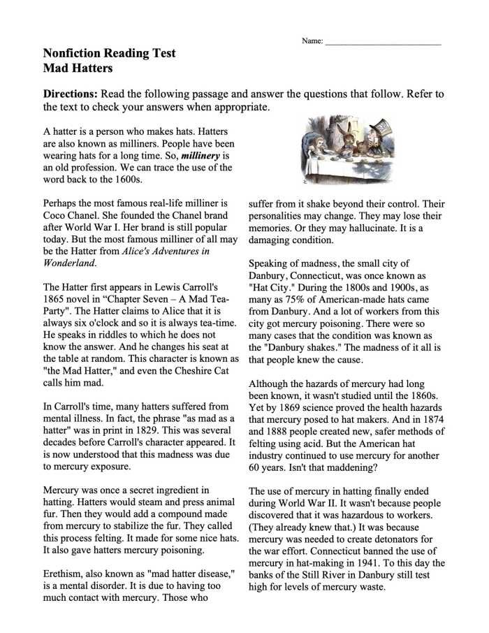 Nonfiction comprehension worksheet focusing on the St. Johns River, Florida for fourth graders