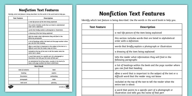 Nonfiction Feature Match worksheet for second graders, featuring a tree-themed activity to enhance reading skills. Engage young readers in identifying text features through illustrations in this educational resource.