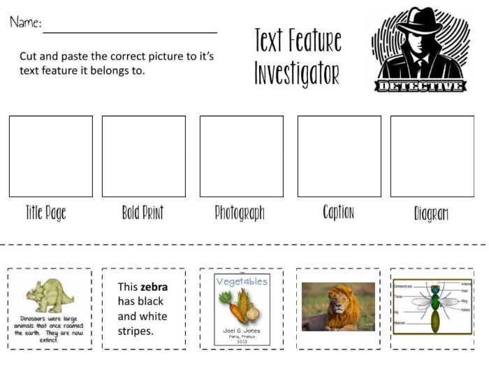 Nonfiction Feature Match worksheet for second graders with tree-themed illustrations