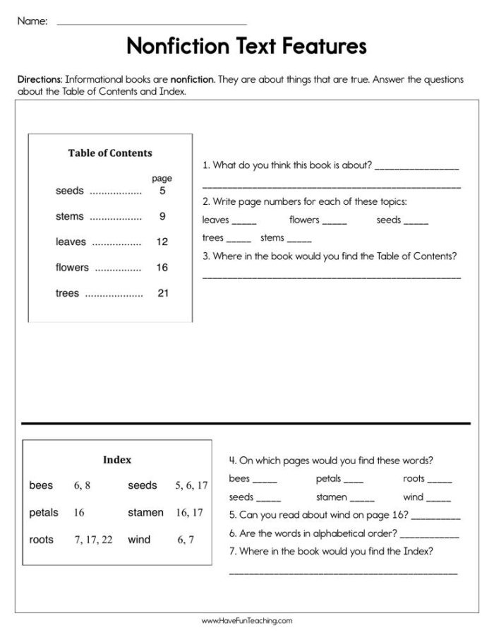 Nonfiction Feature Match worksheet for second graders with tree illustrations and text features