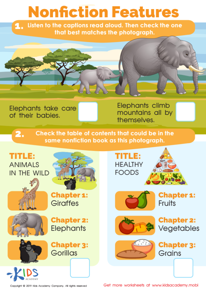 Nonfiction Feature Match worksheet for second graders with tree-themed illustrations