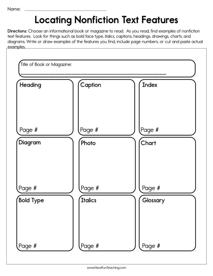 Nonfiction Feature Match worksheet for second graders with tree-themed illustrations