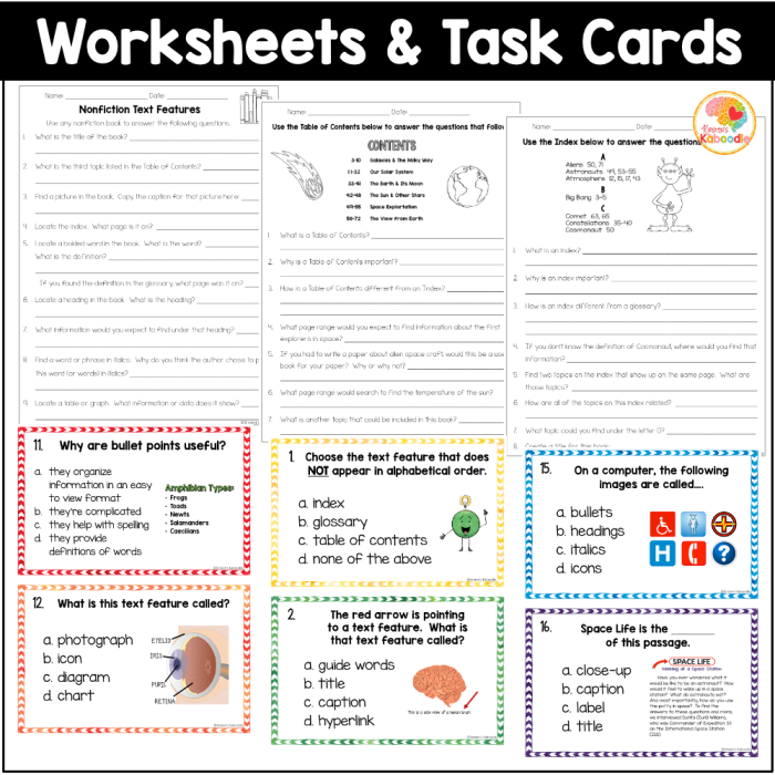 Nonfiction Feature Match worksheet for second graders with tree illustrations and text features
