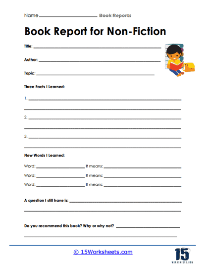 Nonfiction Reading Comprehension Summary Worksheet for Young Learners Second grade student completing a nonfiction text summary template worksheet with sections for main topic and key details