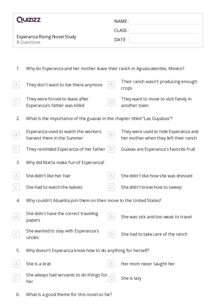 Novel Study: Esperanza Rising: Pre-Reading Activity worksheet for Fifth Grade