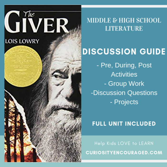 Pre-reading discussion guide worksheet for The Giver by Lois Lowry aimed at seventh graders